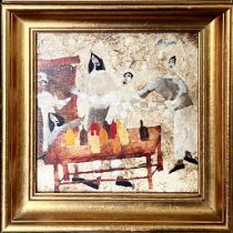 HARRY BILSON, OIL ON BOARD, THE HARLEQUIN PARTY, SIGNED LOWER RIGHT, APPROX 14 x 14cm