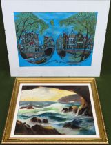 Small framed Oil on Board, plus print of Amsterdam