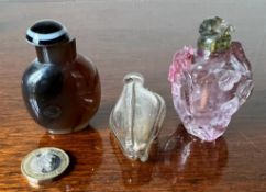 THREE VARIOUS SNUFF BOTTLES, EXAMPLE ON RIGHT CARVED WITH PRUNUS BLOSSOM AND STAG