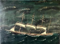 19TH CENTURY PRIMITIVE SCHOOL UNFRAMED OIL ON CANVAS DEPICTING A CLIPPER ON ROUGH SEAS, UNSIGNED,