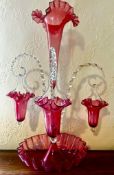 EPERGNE CRANBERRY AND CLEAR GLASS, SCREW IN THREE HANGING VASES, APPROX 55cm HIGH