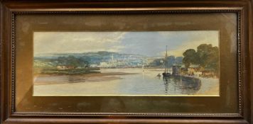 J CHAPLAND, FRAMED AND GLAZED WATERCOLOUR DEPICTING AN ESTUARY SCENE, APPROX 19 x 54cm