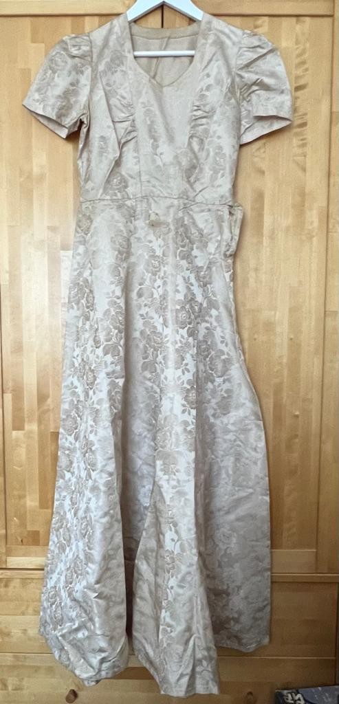 SILK BROCADE WEDDING DRESS, APPROX 100 YEARS OLD