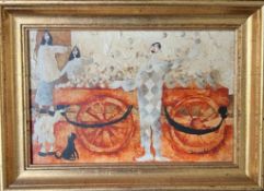 HARRY BILSON, OIL ON BOARD, HARLEQUIN'S CART, SIGNED, APPROX 14 x 21.5cm