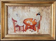 HARRY BILSON, OIL ON BOARD, COFFEE MORNING, SIGNED LOWER LEFT, APPROX 14 x 21.5cm
