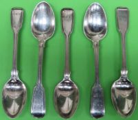 Set of five hallmarked early Victorian silver spoons, London assay. Approx. 139.2g reasonable used