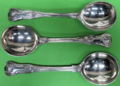 Set of three hallmarked silver Kings/Queens pattern spoons, London assay. Approx. 259.4g