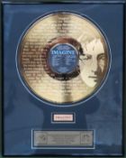 Framed gold plated disc record, to commemorate the 25th anniversary of Imagine by John Lennon.