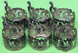 Set of Six Hallmarked Silver and repousse decorated coffee cup holders. Birmingham assay. Weight