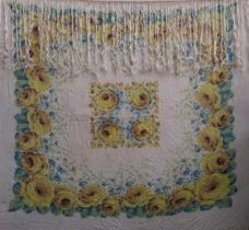 Vintage silk transfer floral decorated shawl with tassel fringing used condition with minor damage