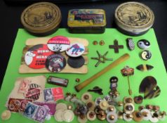 Sundry lot Inc. buttons, collar studs, tins, badges, stamps, cheroot holder, etc all used and