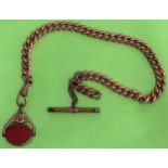 Gold coloured Albert watch chain with rotating fob set with blood/moon stoones reasonable used