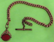 Gold coloured Albert watch chain with rotating fob set with blood/moon stoones reasonable used