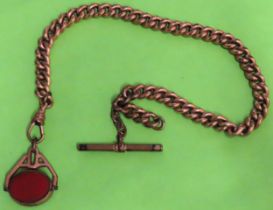 Gold coloured Albert watch chain with rotating fob set with blood/moon stoones reasonable used