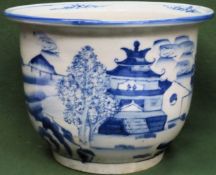 Oriental blue and white glazed ceramic jardinière. Approx. 24cms x 33cms D used with a large