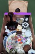 Sundry items Inc. ruby decanter, paperweights, soapstone carving, Wedgwood Jasperware, etc all