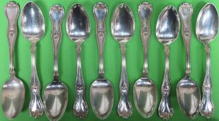 Set of ten Sterling silver spoons. Approx. 320.6g reasonable used condition
