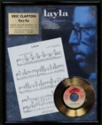 Framed limited edition gold plated disc record "Layla" by Eric Clapton, comes with C.O.A. Approx. 49
