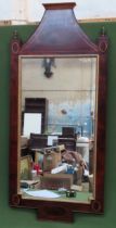 Large and impressive regency style inlaid mahogany wall mirror with brass finials. Approx. 127cms