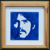 Small framed handpainted tile depicting George Harrison. Approx. 15 x 15cm Reasonable used condition