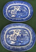 Two late 19th/early 20th century blue and white Willow pattern ashettes. Approx. 35cms x 44cms used.