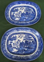 Two late 19th/early 20th century blue and white Willow pattern ashettes. Approx. 35cms x 44cms one