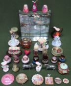 Glazed display case, various sundry ceramics, brass items, onyx, glass etc all used and unchecked