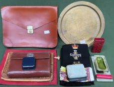 Sundry lot including brass tray, bag, gents grooming kit, embroided sash etc All in used