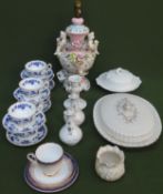 Sundry ceramics Inc. CapoDimonte style relief decorated table lamp, 6 Coalport cups and saucers,