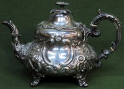 Early Victorian Hallmarked Silver repousse and relief floral decorated teapot, London assay dated