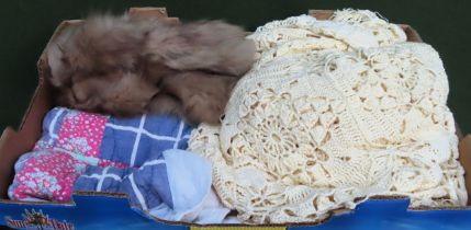 Assortment of various linens, throw, fur stole etc All in used condition, unchecked