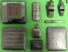 Various sliver coloured Art Deco cigarette cases, two whistles, sovereign case, Vesta case, etc