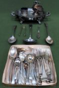 Silver plated two handled serving dish with cover, plus various silver plated ware and flatware