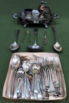 Silver plated two handled serving dish with cover, plus various silver plated ware and flatware