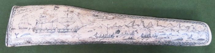Large reproduction example of a prisoner of war carved whales tooth scrimshaw, with typical