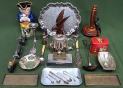 Sundry lot Inc. plated ware, carved wooden eagle, figures, flatware, etc all used and unchecked