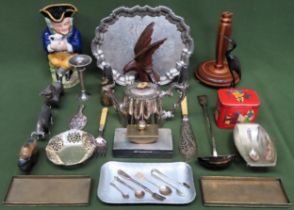 Sundry lot Inc. plated ware, carved wooden eagle, figures, flatware, etc all used and unchecked