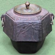 Decorative bronze effect Oriental hexagonal storage pot with cover. Approx. 18cm H x 15cm Diameter
