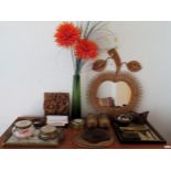 Sundry items Inc. Apple mirror, carvings, glass, etc