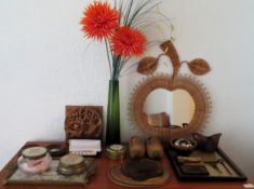Sundry items Inc. Apple mirror, carvings, glass, etc