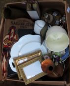 Box of sundries including ceramics, copper and brass, table lamps etc