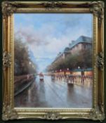 20th century Gilt framed oil on canvas depicting a Parisian street scene, signed Paisley