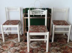 Folding card table, with two embroidered Bridge cloths, glass topped trolley, 3 painted chairs etc