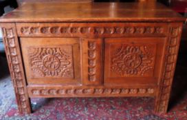 Late 19th century Oak carved fronted blanket chest. Approx. 60cm H x 94cm W x 44cm D