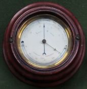 Vintage wooden cased brass farenheit's thermometer/barometer, plus 20th century sextral alarm clock