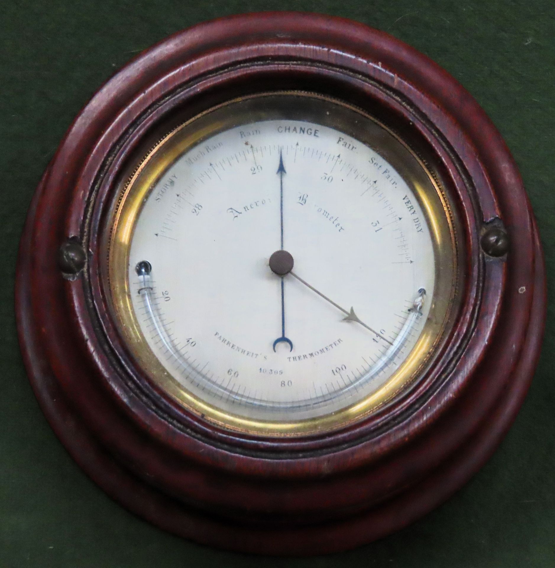 Vintage wooden cased brass farenheit's thermometer/barometer, plus 20th century sextral alarm clock