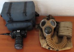 Pentax camera, plus vintage gas mask with bag