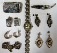 Mixed lot of silver an silver coloured costume jewellery Inc. cocktail watch, brooches, earrings etc