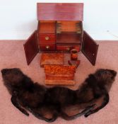Vintage wooden smokers cabinet, plus burr walnut items, fur stoal, etc