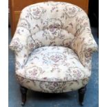 Victorian low seated upholstered tub armchair. Approx. 67 x 72 x 82cms